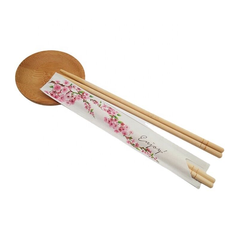 Disposable Bamboo Chopsticks with Paper Sleeve Pack Round Shape and Small Flower Printed