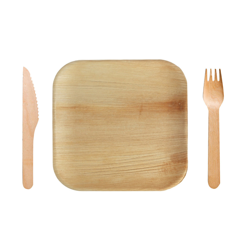 10" Disposable Square Areca Palm Leaf Plates With Fork Knife