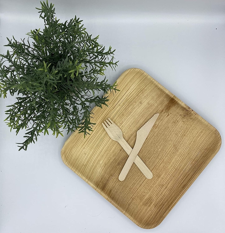 10" Disposable Square Areca Palm Leaf Plates With Fork Knife