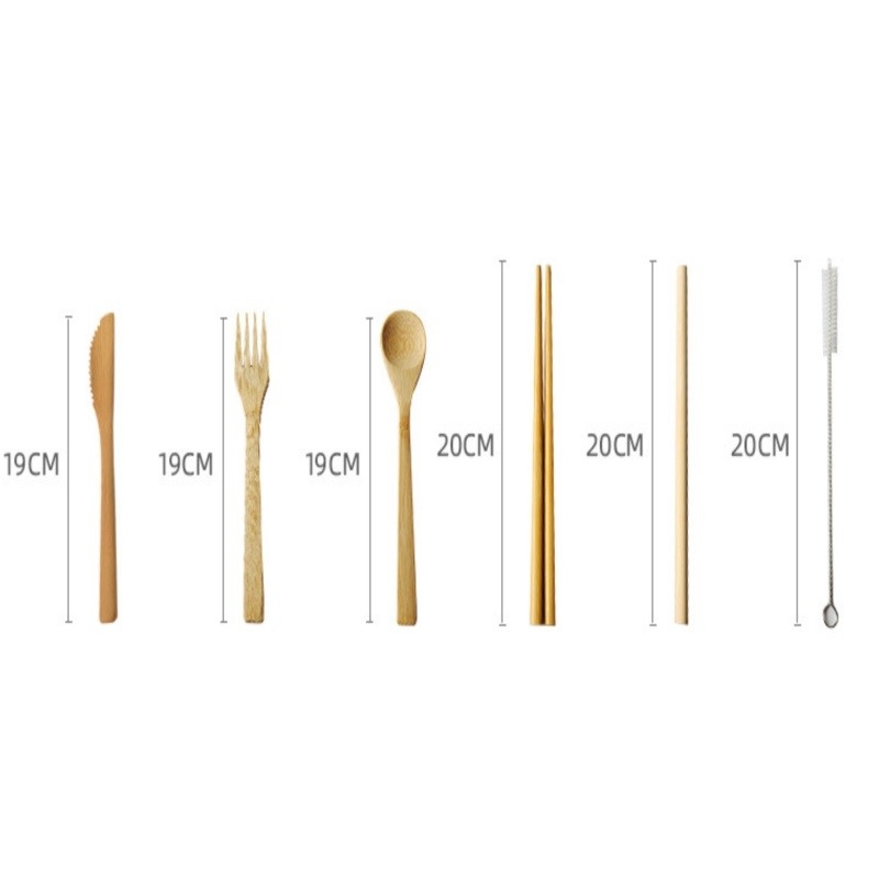 Travel Organic Bamboo Spoon Fork Chopsticks Flatware Utensil Cutlery Set In Pouch