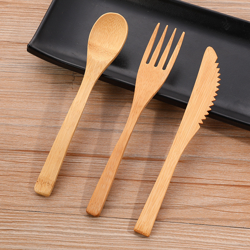 Travel Organic Bamboo Spoon Fork Chopsticks Flatware Utensil Cutlery Set In Pouch