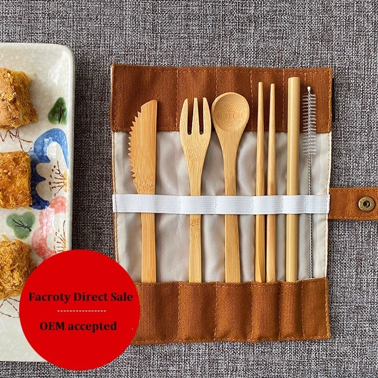 Travel Organic Bamboo Spoon Fork Chopsticks Flatware Utensil Cutlery Set In Pouch