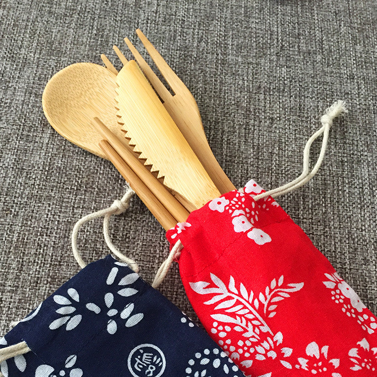 Travel Organic Bamboo Spoon Fork Chopsticks Flatware Utensil Cutlery Set In Pouch